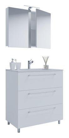 ebuy24 Ebuy24 - Vcm 3 Piezas Lavabo Lavabo Inferior Gabinete Ancho 60 Cm Muebles De Ba&ntilde;o Conjunto De Pie Con Tres Cajones Espejo Gabinete Badinos (blanco)