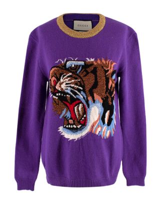 Gucci Purple Tiger Motif Intarsia Wool Jumper Size XS