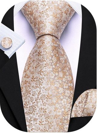 Barry.Wang Mens Tie Silk Floral Necktie Pocket Square Cufflinks Set Wedding Wedding Prom