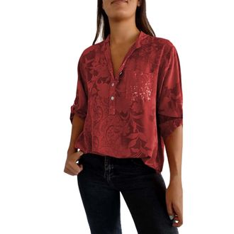 Generic Womens Button Down Shirt - Casual Elegant Floral Long Sleeve Dress Shirt, Textured Collared Style, Great for Work or as a Dressy Tee(Red, S)