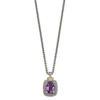 Diamond2Deal Sterling Silver with 14K Accent Cushion Amethyst and Diamond Pendant Necklace