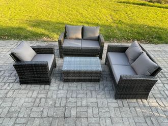 Fimous Wicker Rattan Garden Furniture Sofa Set with Rectangular Coffee Table Double Seat Sofa Chair 5 Seater Outdoor Rattan Set in Dark Grey