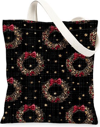 Generic Wreath Canvas Tote Bags, Holiday Floral Design Reusable Shopping Bags, Festive Lightweight Washable Shoulder Strap Canvas for Travel Beach 13x15 Inch