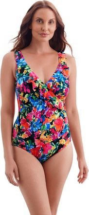 Longitude Ruffle Front Surplice Long Torso One-Piece Swimsuit in Blooming Bouquet at Nordstrom, Size 16