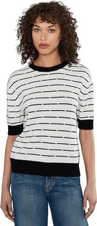 Vince Camuto Textured Crewneck With Stripes Womens Clothing Antique White : SM, Cotton