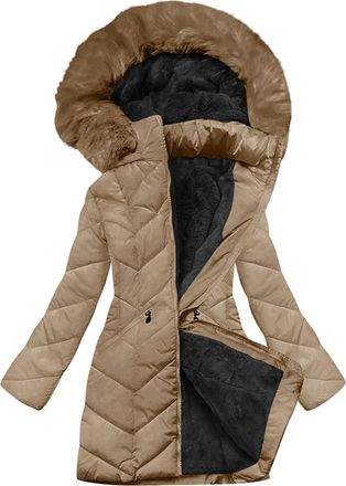 Generic Winter Coats For Women Uk Fleece Lined Puffer Quilted Jackets Ladies Padded Parka Coat with Faux Fur Removable Hood Windproof Full Zip Trench Coat The