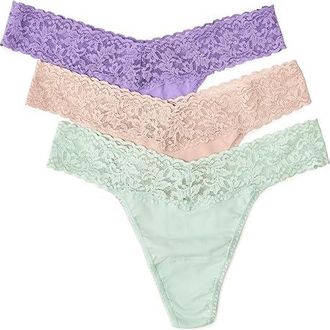 Hanky Panky Supima(r) Cotton Original Rise Thongs with Lace 3-Pack Womens Underwear Chai/Grape Juice Purple/Cucumber Green, Nylon/Spandex