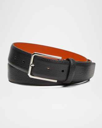 Santoni Men & apos;s Rectangle Buckle Grained Leather Belt