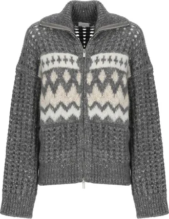 PESERICO Truien & Vesten, Dames, Grijs, S, Pailletten, Sequined Zip Sweater