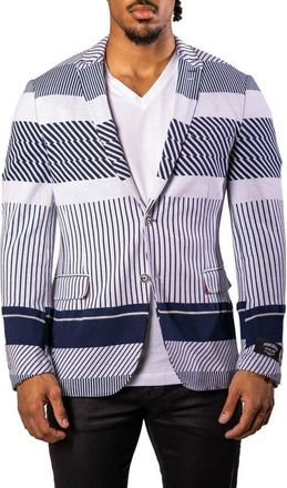 Maceoo Stripe Unconstructed Knit Blazer in Blue at Nordstrom, Size 4
