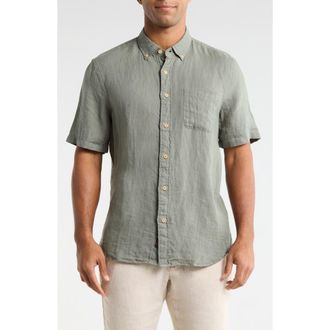 Faherty Laguna Short Sleeve Linen Button-Down Shirt in Spruce at Nordstrom Rack, Size Xx-Large