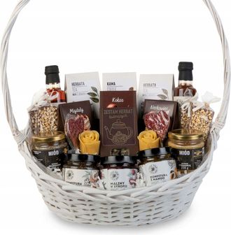 OEM Gran Cesta De Regalo Blanca Con Un Juego De T&eacute;s Florales, Dulces, Sirope Y Miel