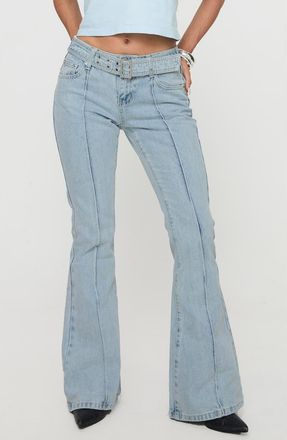 Princess Polly Echo Valley Belted Low Rise Flare Jeans in Light Wash at Nordstrom, Size 10
