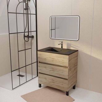 Aurlane Aurlane - Mueble De Ba&ntilde;o 70 Decorado Roble 3 Cajones Lavabo Negro Y Espejo Led 70x50