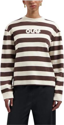 Olaf Hussein Striped Rib Retro Logo Crewneck Hot Fudge - Dames - Sweatshirts - Bruin - L - Katoen - Hoodies & sweatvesten