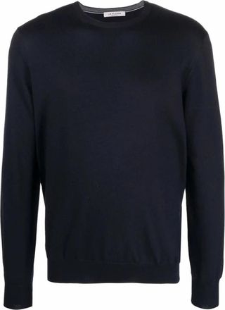 La Fileria Fijngebreide trui met ronde hals - Heren - Ronde hals truien - Blauw - L - Wol - Truien & Vesten