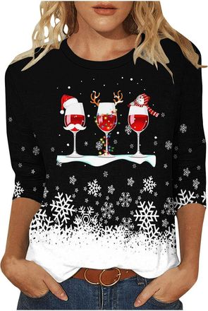 Generic Christmas T Shirts Women UK Ladies Casual Crewneck 3/4 Sleeve Loose Shirts Tops Xmas Tree Snowflake Print Blouse Tees Tunic Tops Women Christmas Jumpe