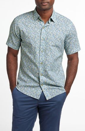 David Donahue Floral Short Sleeve Linen & Cotton Button-Up Shirt in Sage/Multi at Nordstrom, Size Xx-Large
