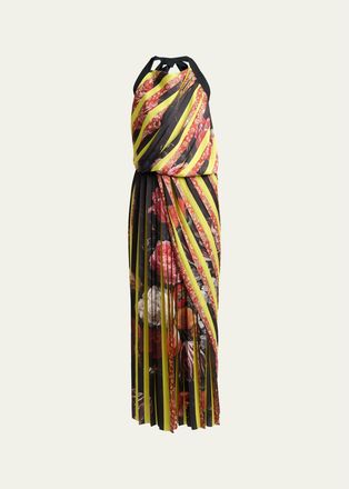 Dries Van Noten Darnot Mixed Print Pleated Halter Maxi Dress