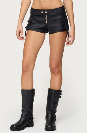Edikted Faux Leather Micro Cargo Shorts in Black at Nordstrom, Size X-Small