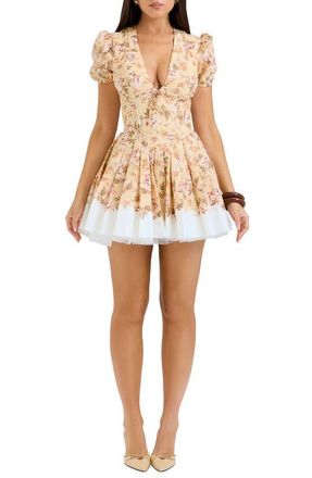 House of CB Imani Floral Print Pleated Cotton Minidress in Sunbleached at Nordstrom, Size X-Large A