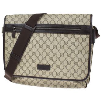 Gucci Web Strap Messenger Gg Coated Canvas Brown Leather Handbag (Pre-Owned)