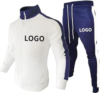 Generic Customized Logo Men 2-Piece Set Personalized Jacket and Pants Fashion Casual Zipper Sports Suit Custom Sportswear Streetwear Tracksuit White,M