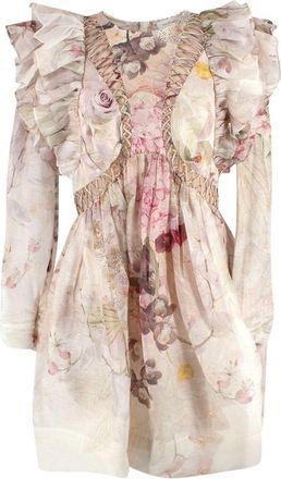 Zimmermann Dancer Ruffled Bead-Embellished Floral-Print Linen And Silk-Blend Organza Mini Dress Size M