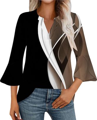 Generic Womens Tops 3/4 Length Sleeve Blouses Cotton Blend Tunic Tops for Women 3/4 Bell Sleeve Tops for Women Womens Plus Size Fall Fashion 2025 3/4 Sleeve S
