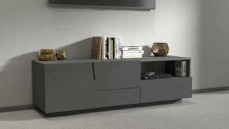 Dmora Dmora - Mueble Tv Velio, Aparador Bajo De Sal&oacute;n Con 2 Puertas Y 1 Caj&oacute;n, Base Para Mueble Tv, 150x44h46 Cm, Antracita