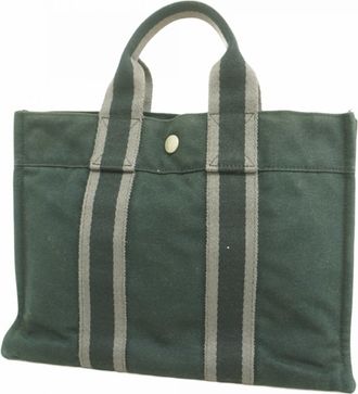 Herm&egrave;s Black Gray Canvas Tote Bag (Pre-Owned)