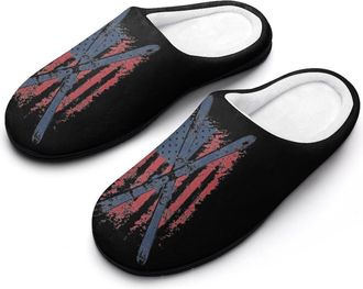 Generic Skiing Ski U.S. Flag Mens House Slippers Memory Foam Washable Cotton Slip on Home Shoes