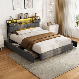 OEM Cama Doble 160x200 - Dise&ntilde;o Reina Tama&ntilde;o Moderno - Terciopelo Gris - 6 Cajones - Cabecera Led Usb