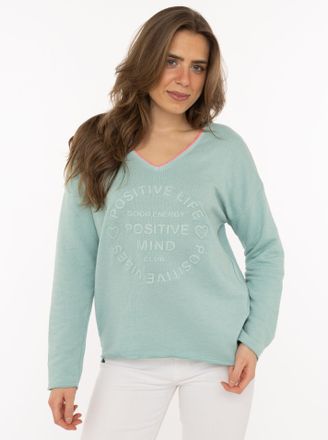 Zwillingsherz Sweatshirt ZWILLINGSHERZ Positive Mind, Damen, Gr. L/XL, aqua, angeraute Sweatware, Obermaterial: 70% Baumwolle, 30% Polyester, normal h&uuml;ftlang, V-Aus