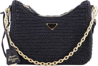 Prada Re-Edition 2005 kleine raffia schoudertas - Zwart