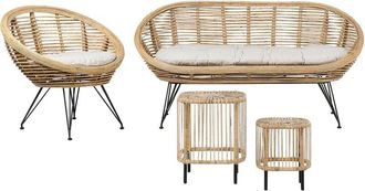 Beliani Conjunto De Sala De Estar 3 Plazas Con 2 Mesas De Centro Auxiliares Rat&aacute;n Sof&aacute; Sill&oacute;n Boho Beige Claro Coj&iacute;n Tela Algod&oacute;n Resistencia Media Interior N