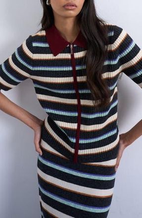 Topshop Stripe Zip Rib Polo in Burgundy at Nordstrom Rack, Size X-Small