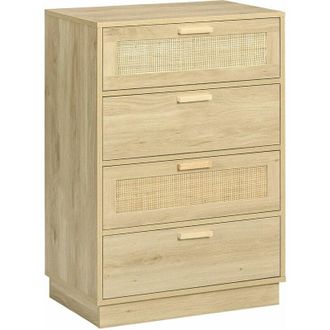 HOMCOM Homcom C&oacute;moda De Noche Con 4 Cajones De Rejilla De Rat&aacute;n Cajonera De Madera Para Dormitorio Sal&oacute;n Estilo Bohemio 60x38x88,5 Cm Natural