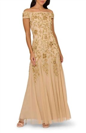 Adrianna Papell Off-The-Shoulder Beaded Long Gown In Champagne Gold