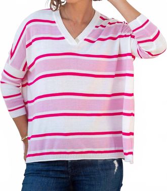 Mersea Catalina V-Neck Sweater In White/pink/raspberry Stripe