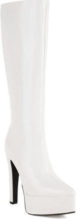 Generic Womens Pointed Toe Platform Metallic Knee High Boots Slim Stretch Wide Calf Side Zipper Block Heels Party Catwalk Shoes (7.5,White)