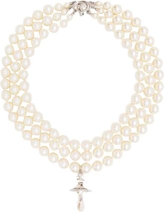 Vivienne Westwood Accessoires, Dames, Grijs, ONE Size, Nylon, Three Row Pearl Drop Choker