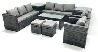 Fimous Fimous Rattan Garden Furniture Sofa Set with Coffee table Armchair 2 Side Tables 2 Small Footstools Dark Grey Mixed