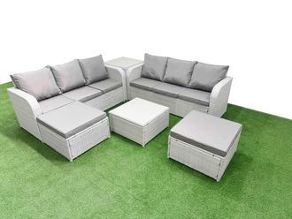 Fimous Outdoor Garden Furniture Sets 8 Seater Wicker Rattan Furniture Sofa Sets w/ Square Coffee Table high Back Lounge Sofa 2 Big Footstool Side