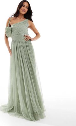 Lace & Beads Bridesmaid one shoulder maxi dress in dusty sage-Green