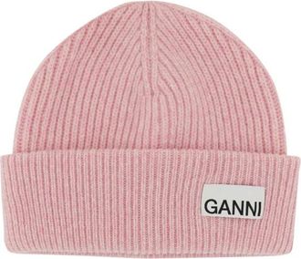 Ganni Fitted Rib Knit Wool Beanie - Dames - Hoeden - Roze - ONE Size - Wol - Accessoires