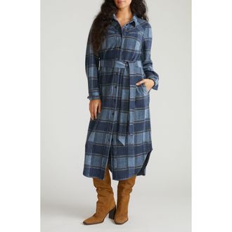 Universal Standard Morgan Long Sleeve Stretch Flannel Midi Shirtdress in Heather Fog Plaid Blue at Nordstrom, Size Xl