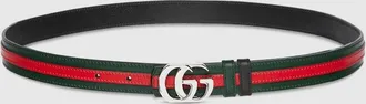 Gucci Reversible Thin Belt With Double G Buckle, Green, Leather
