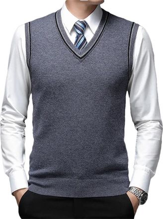 Generic 100% Merino Wool Sweater Vest Sleeveless Pullover Sweater Solid Knitted V Neck Jumper for Men Medium Gray XXXL