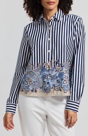 Foxcroft Jodie Stripe & Paisley Print Button Down Blouse in Blue Multi at Nordstrom, Size X-Large P